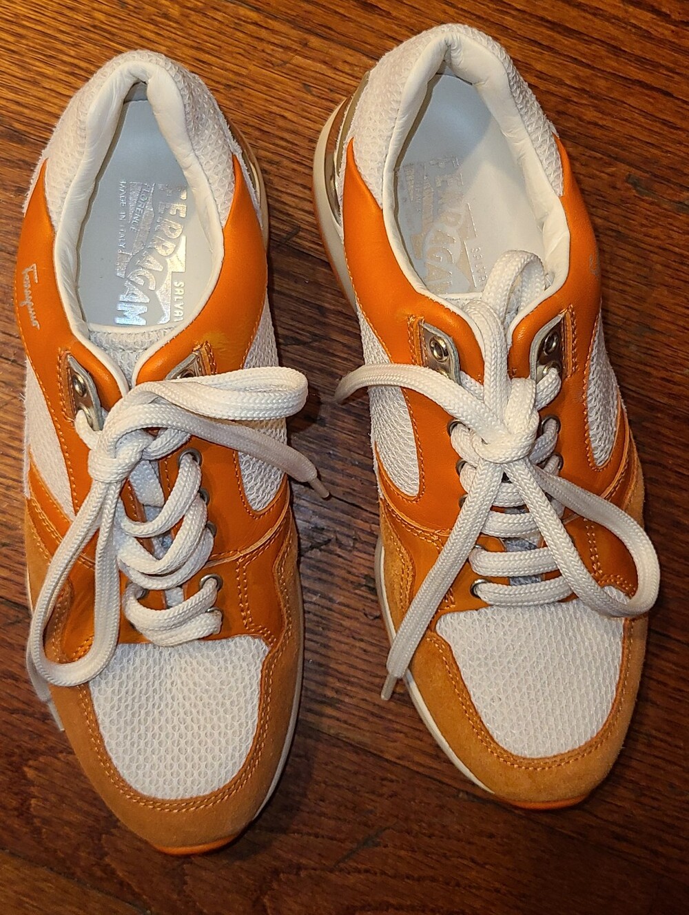 Salvatore Ferragamo Lisbona Orange & White Leather Sneakers WM US SIZE 4 1/2 M